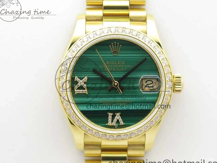 MiroTime 0305 Versatile Daydate 278288 31mm YG EWF Best Edition Green Malachite Dial Crystal Markers on YG President Bracelet ETA 2606